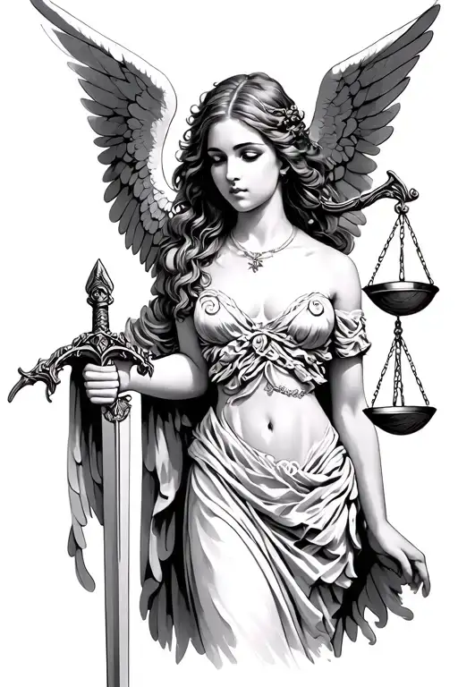 Woman Angel Holding A Scale And Sword With Wings Full Body And More Centered