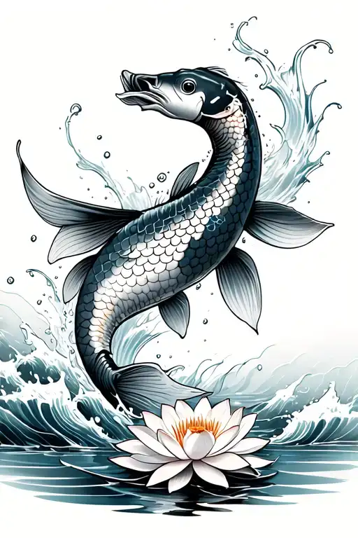 Japanese Koi Jumping Out Of Water Waves With Water Lotus Flower Tattoo