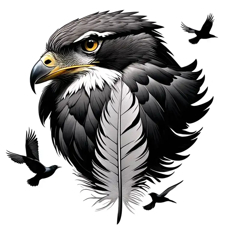 Red Tailed Hawk Feather With 3 Little Birds Flying