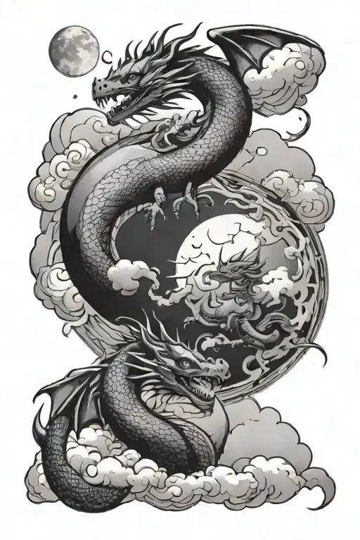 Dragons With A Moon Phase And Clouds Floating