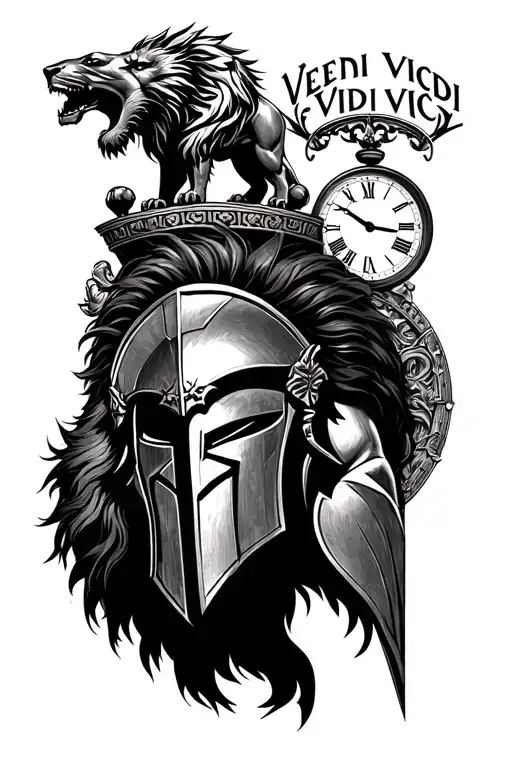 Spartan With Clock Behind Him With Veni Vidi Vici And Lion On Top