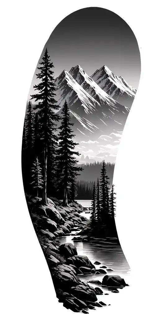 Mountain In Forest Looking Up From Ground With Lake And Stream