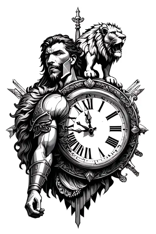 Spartan With Clock Behind Him With Veni Vidi Vici And Lion On Top