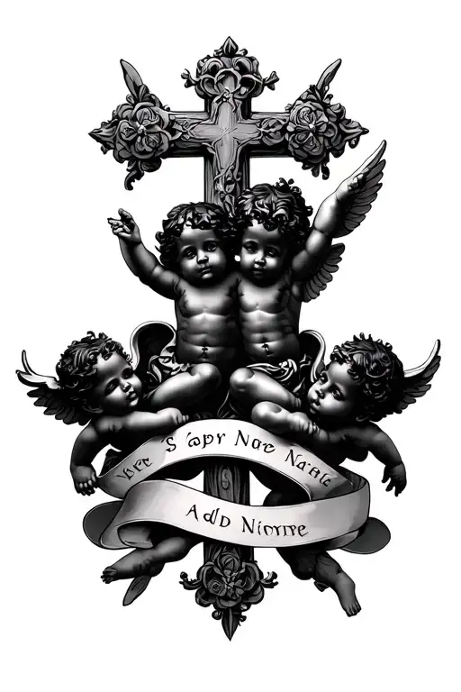 2 Black Cherubs With A Cross And Ribbon To Add 2 Names Written