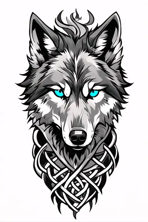 Wolf With Blue Eyes On Armor Tattoo Design Featuring Celtic Trinity Knot