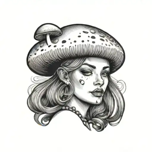 A Small Fine Line Tatoo Of A Woman With A Mushroom On Her Head Tattoo