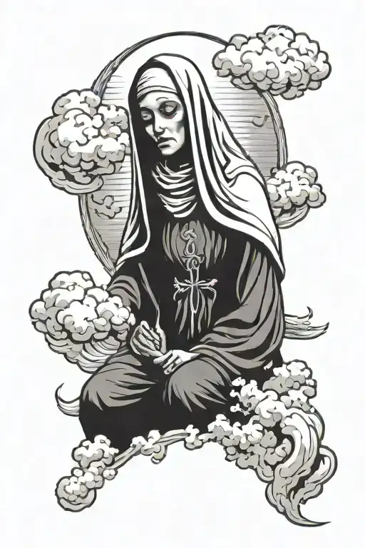 Evil Nun Praying Disappearing Into Sky With Clouds