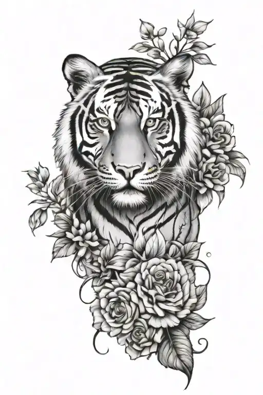 Tiger Sleeve Tattoo With Flowers