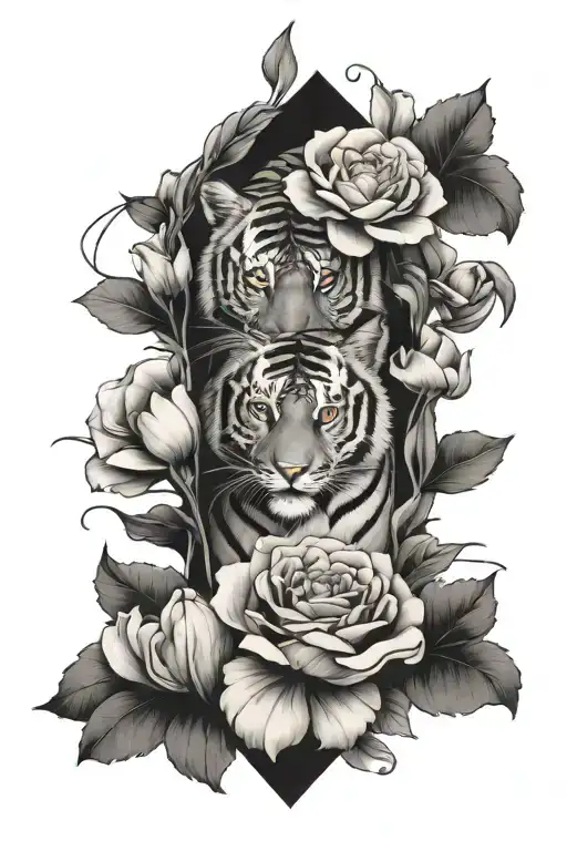 Tiger Forearm Sleeve Tattoo With Large Flowers Surrounding