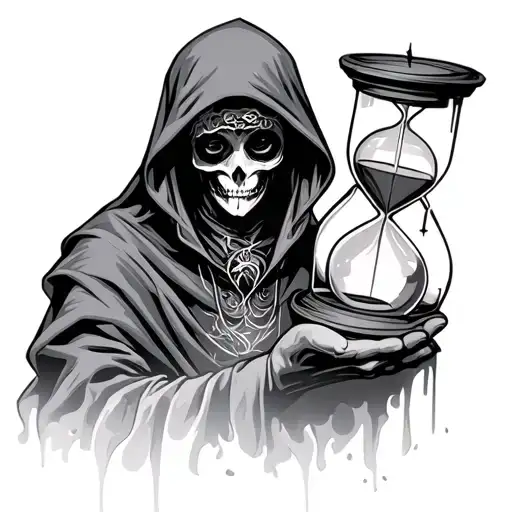 Hooded Figure Holding Hourglass In The Foreground Tattoo