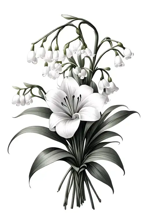 Lily Of The Valley With Emylee In Stem And Violet With Piper In A Bouquet Tattoo