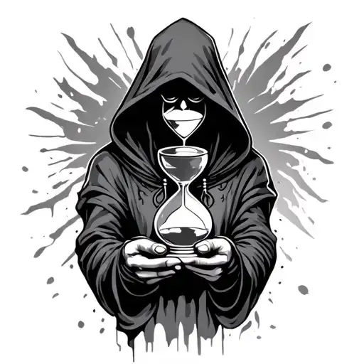Hooded Figure Holding Hourglass In The Foreground