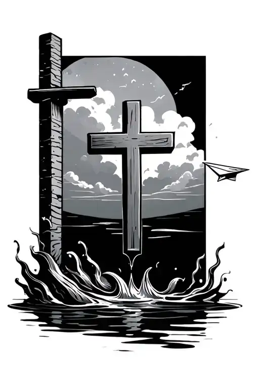Cross With Water And A Little Paper Plane Flying In The Sky Minimalistic