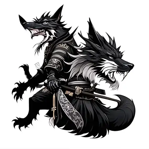 Samurai Next To A Kitsune And A Dragon