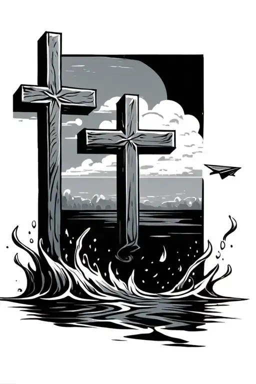 Cross With Water And A Little Paper Plane Flying In The Sky Minimalistic