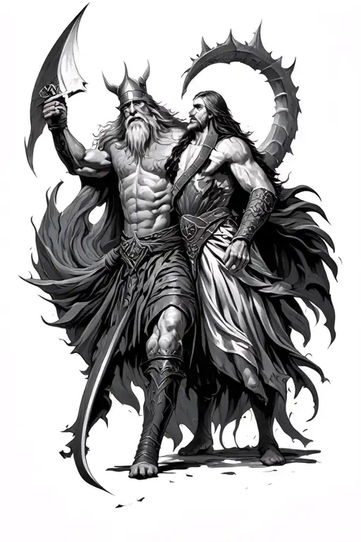 Norse Mythology Odin And Thor Battle With A Mythical
