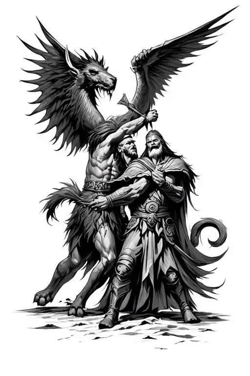 Norse Mythology Odin And Thor Battle With A Mythical Creature