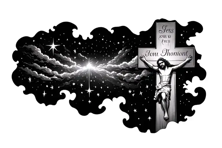 A Cross With Jesus On It With The Words In The Sky Full Of Stars Coming Out Of It Tattoo