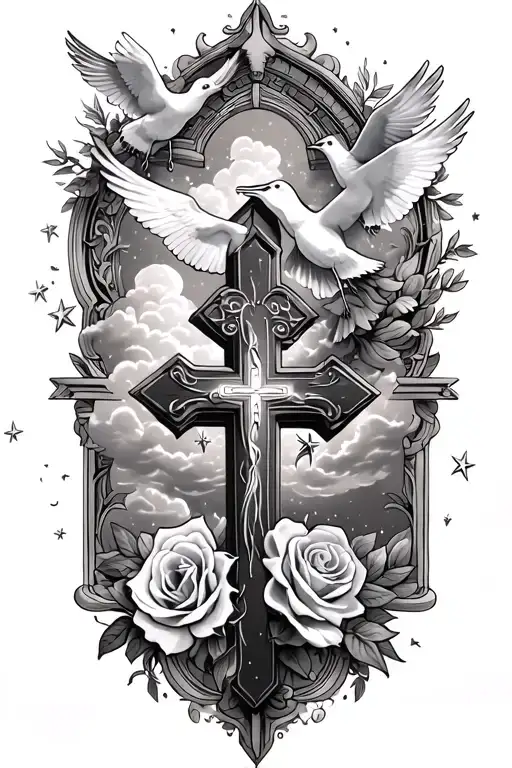 Clouds And White Stars And Doves And A Rose And A Catholic Cross
