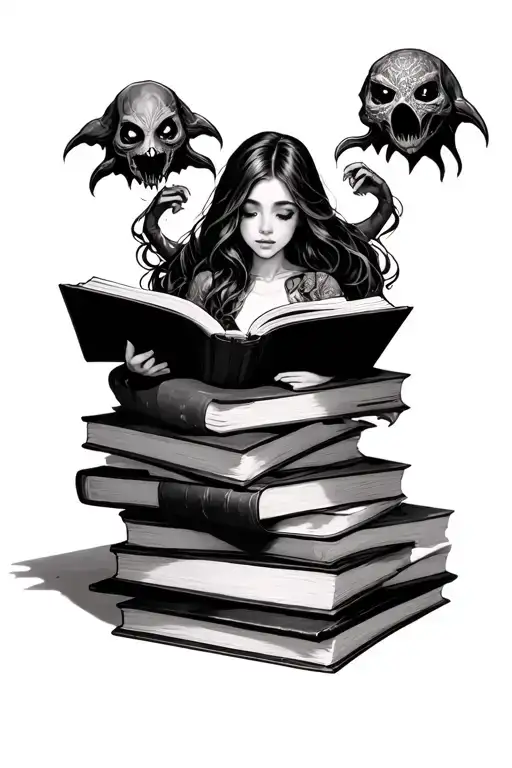 Fantasy Characters Comeing Out Of A Open Stack Of Books With A Girl Reading Them