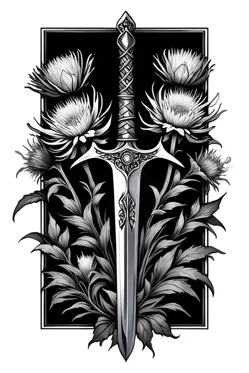 Claymore Sword And Thistle Flowers