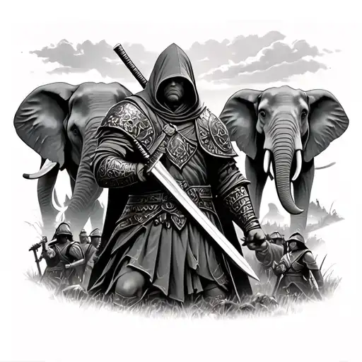 Hooded Warrior With Sword In Battle Field With Elephant In The Background Tattoo