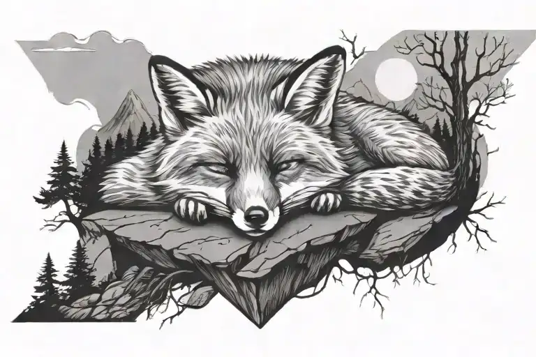 Laying Down Sleeping Fox On A Rock Surrounded By Trees Under A Mountain Range