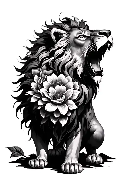 A Protective Lion Roaring Surrounded By Flowers