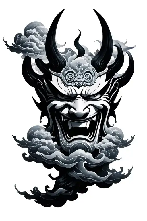 Oni Mask With Japanse Clouds Forming The Shape