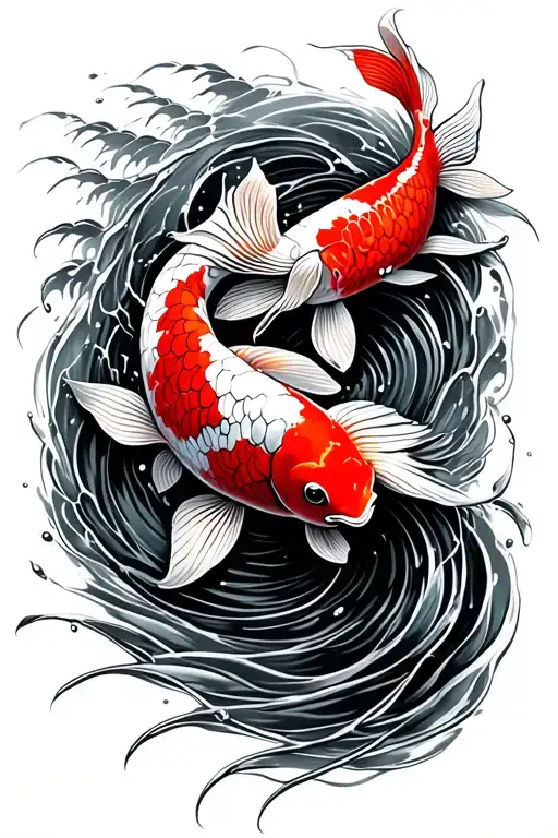 Red And Black Greyscale Koi Fish Swimming Upstream Tattoo