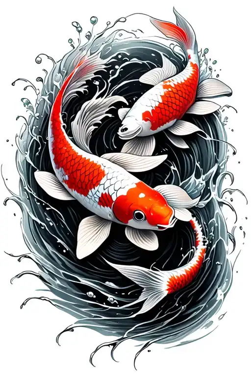 Red And Black Greyscale Koi Fish Swimming Upstream