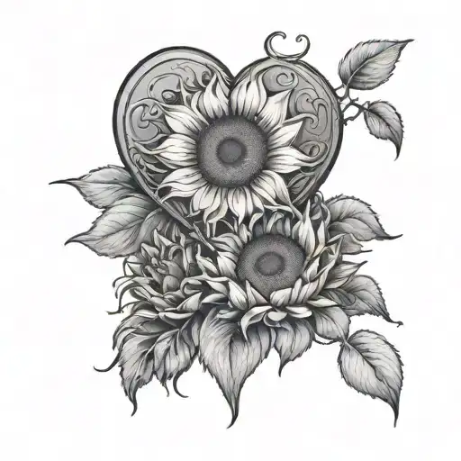 A Heart With Two Sunflowers And Shaded Tat