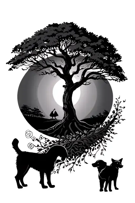 Tree Of Life With Music And Dogs Standing Guard Tattoo