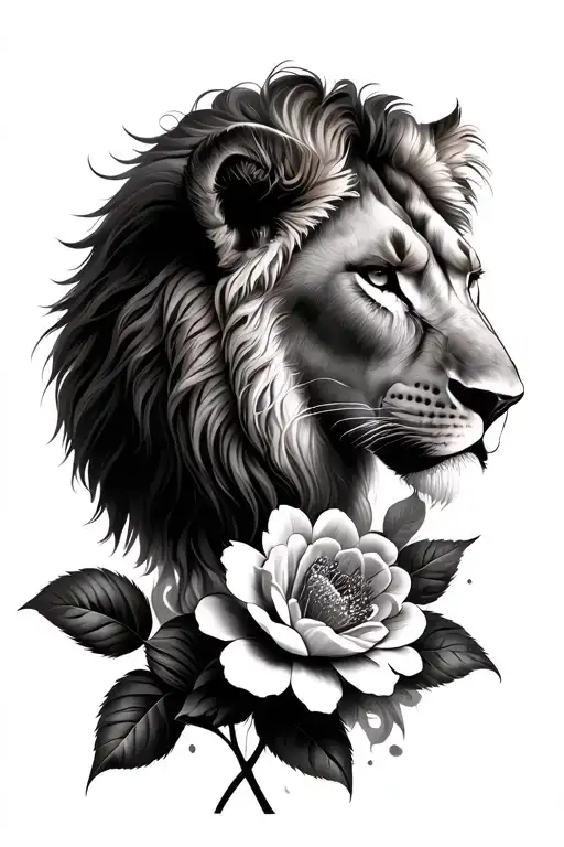 Lioness Head With Flower For Half Sleeve