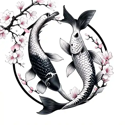 Two Koi Fishes In Circle With Cherry Blossoms Around