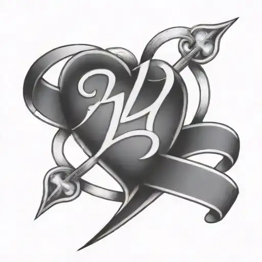 Pencil Art Of An Heart With Letter H And N In A Tatoo Way