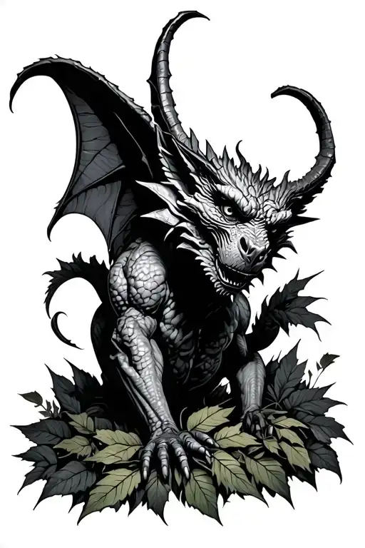 Gargoyle Overgrown In Leaves