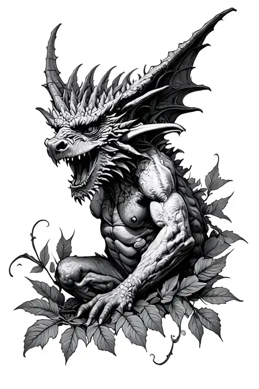 Gargoyle Overgrown In Leaves Intertwined