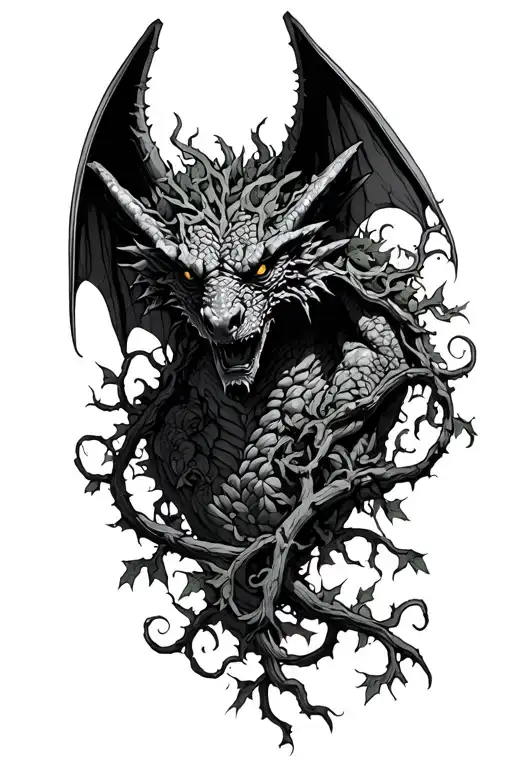 Gargoyle Overgrown In Vines Intertwined