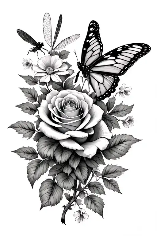 Rose And Larkspur Flowers Intertwined With A Butterfly And Dragonfly