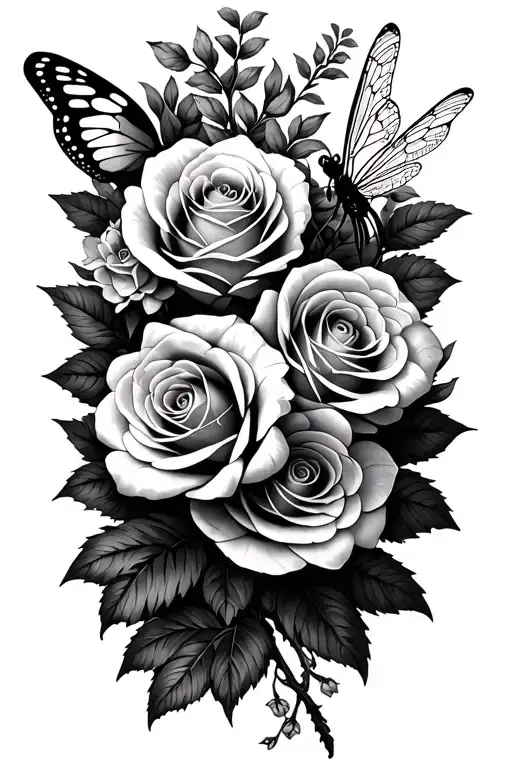 Rose And Larkspur Bouquet With A Butterfly And Dragonfly