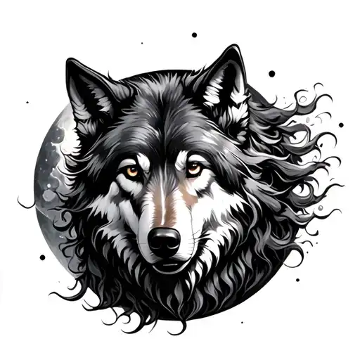 Wolf With Windblown Hair On A Crescent Moon Tattoo