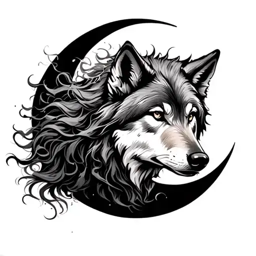 Wolf With Windblown Hair On A Crescent Moon Surrounded Tattoo