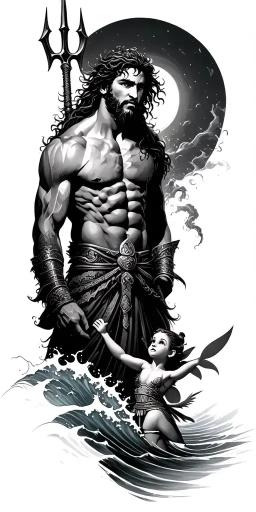 Poseidon With Trident On Water Waves With Samurai Warrior And Little Tinkerbell