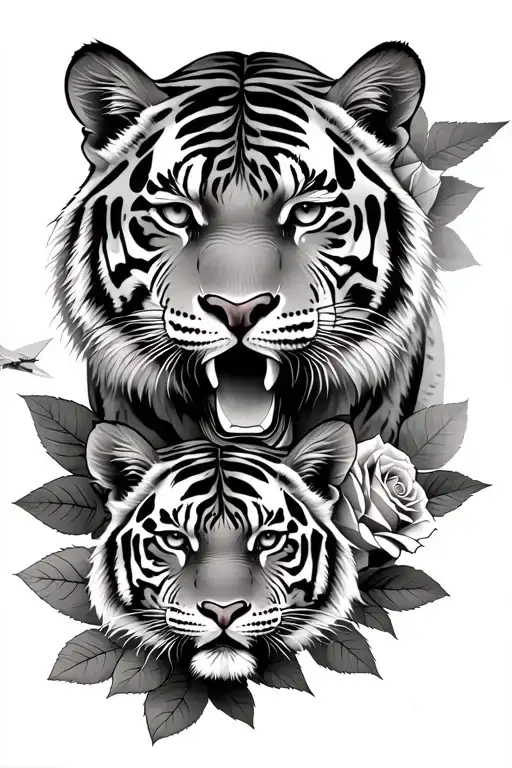 Fierce Tiger With Paperplane And Two Young Tigers And Roses Tattoo