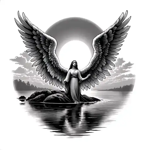 Sun Setting On River With Angel Wings Spread Wide Open