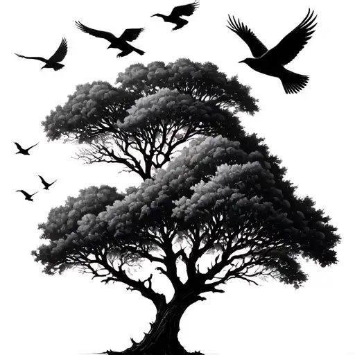 Tree With Birds Flying Away