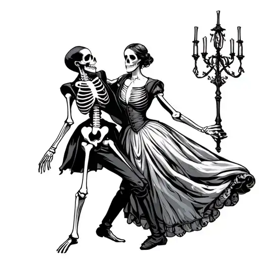 Renaissance Skeleton Couple In Dress And Suite Dancing