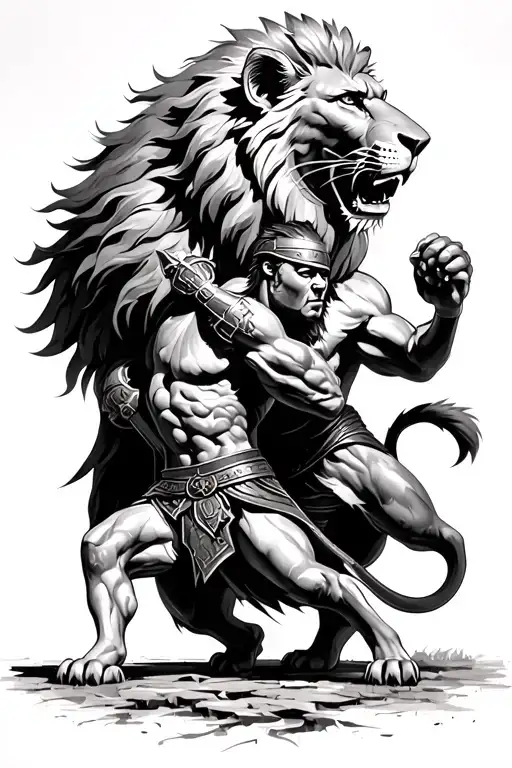 Gladiator Fighting Lion In Front Of Colosseum