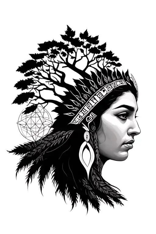 Native American Woman Ancestor With The Tree Of Life And Sacred Geometry